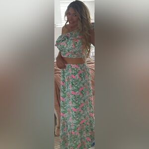 Lilly Pulitzer Kasida Ruffle Set Just Wing It One Shoulder Top & Maxi Skirt Set